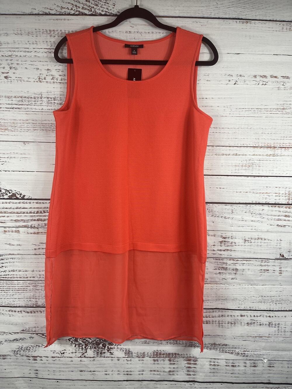Alfani Medium Coral Branch Pop Art Sleeveless High Low Chiffon Hem Tunic Blouse